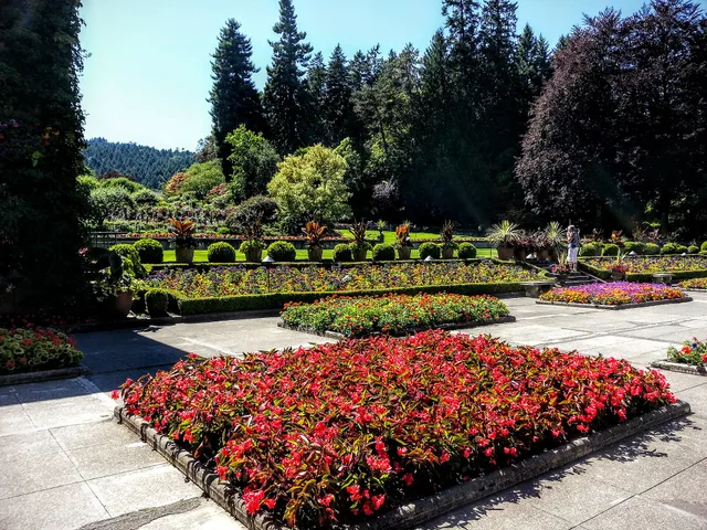 Butchart Gardens - Victoria, British Columbia, Canada. Car-free public gardens in British Columbia by ferry and transit