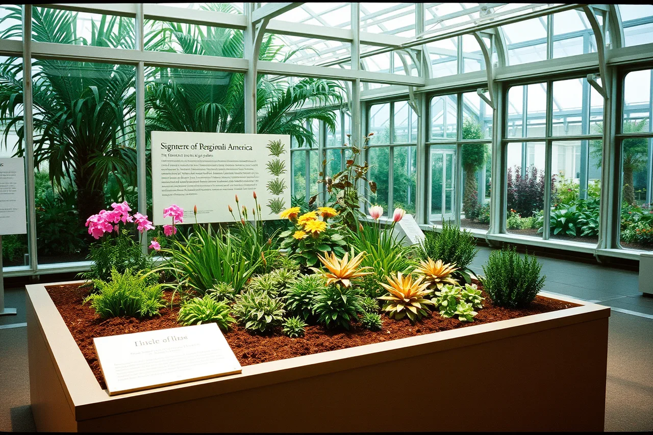 Gardens Across America exhibit vignette with regional plants and interpretive panel (The types of public garden destination that actually reward a long trip)