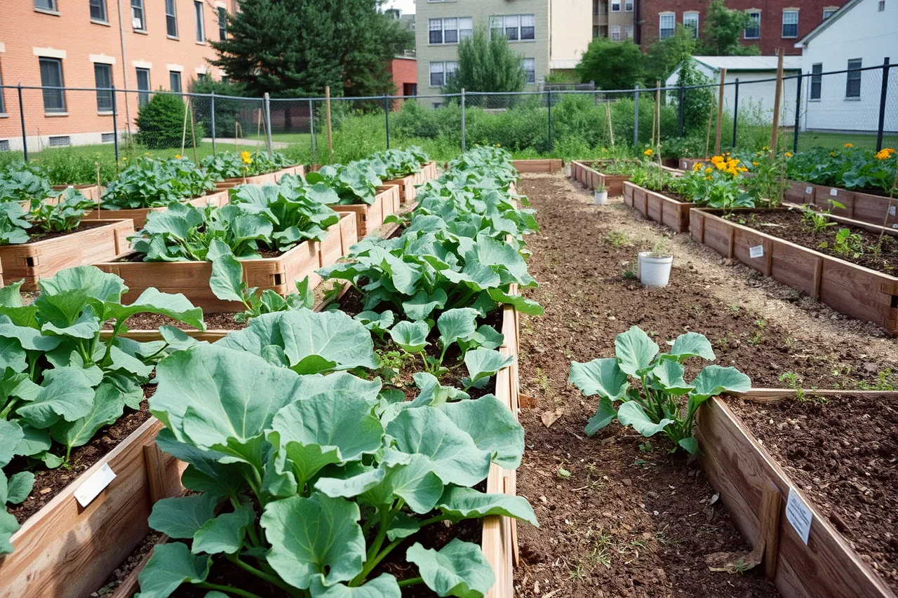 Rows of vegetables and pollinator flowers in an urban community garden lot (Two days at working garden projects instead of show gardens)