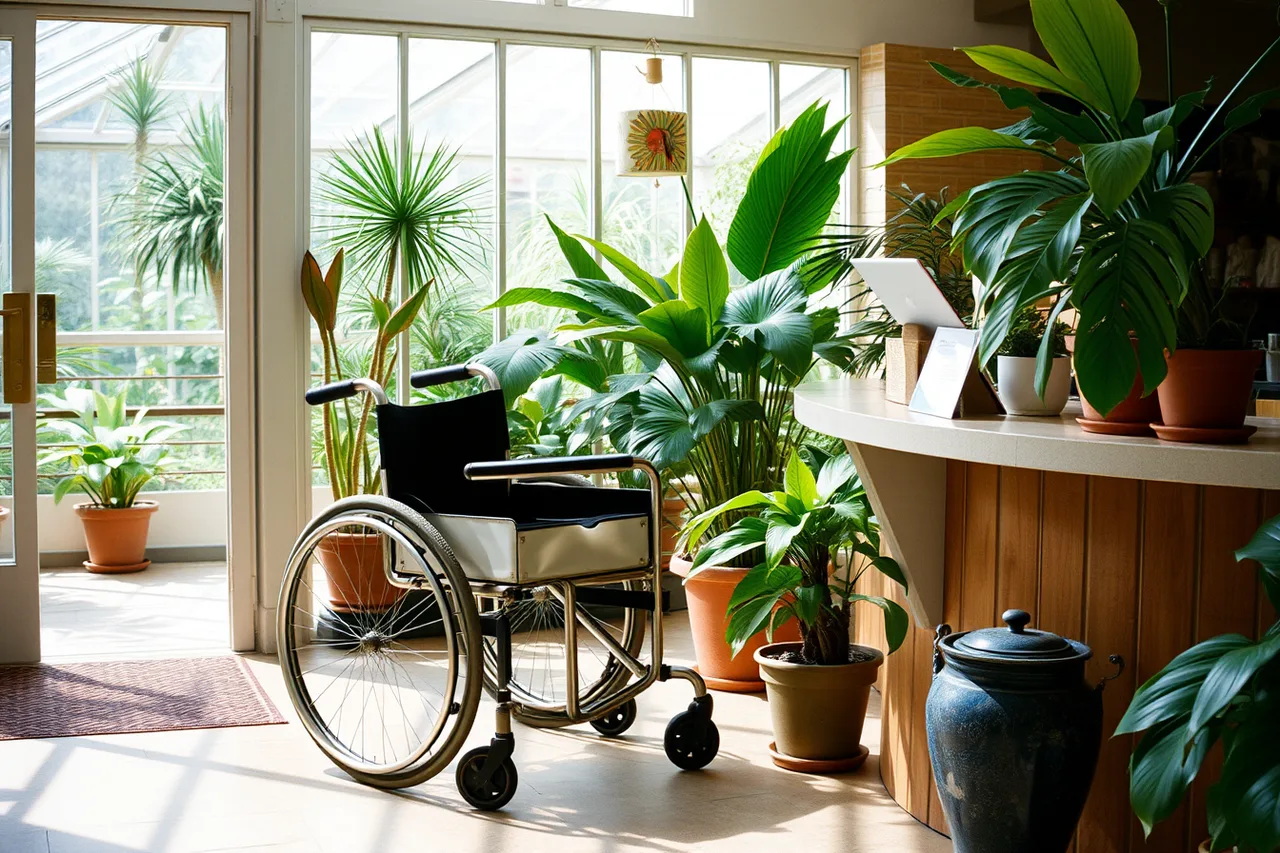 Borrowed wheelchairs at a conservatory entrance desk (Accessible botanical garden travel starts with drop-off points and step-free routes)