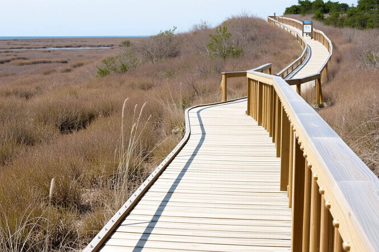 Wooden accessible boardwalk through coastal marsh with tactile guiding beads on the rail (Accessible garden travel: how real trail projects get funded and registration rules)