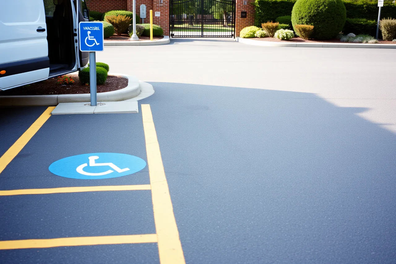 Van-accessible parking space with wide striped access aisle and sign at a garden lot (How ADA Standards shape access at US public gardens and what to check first)