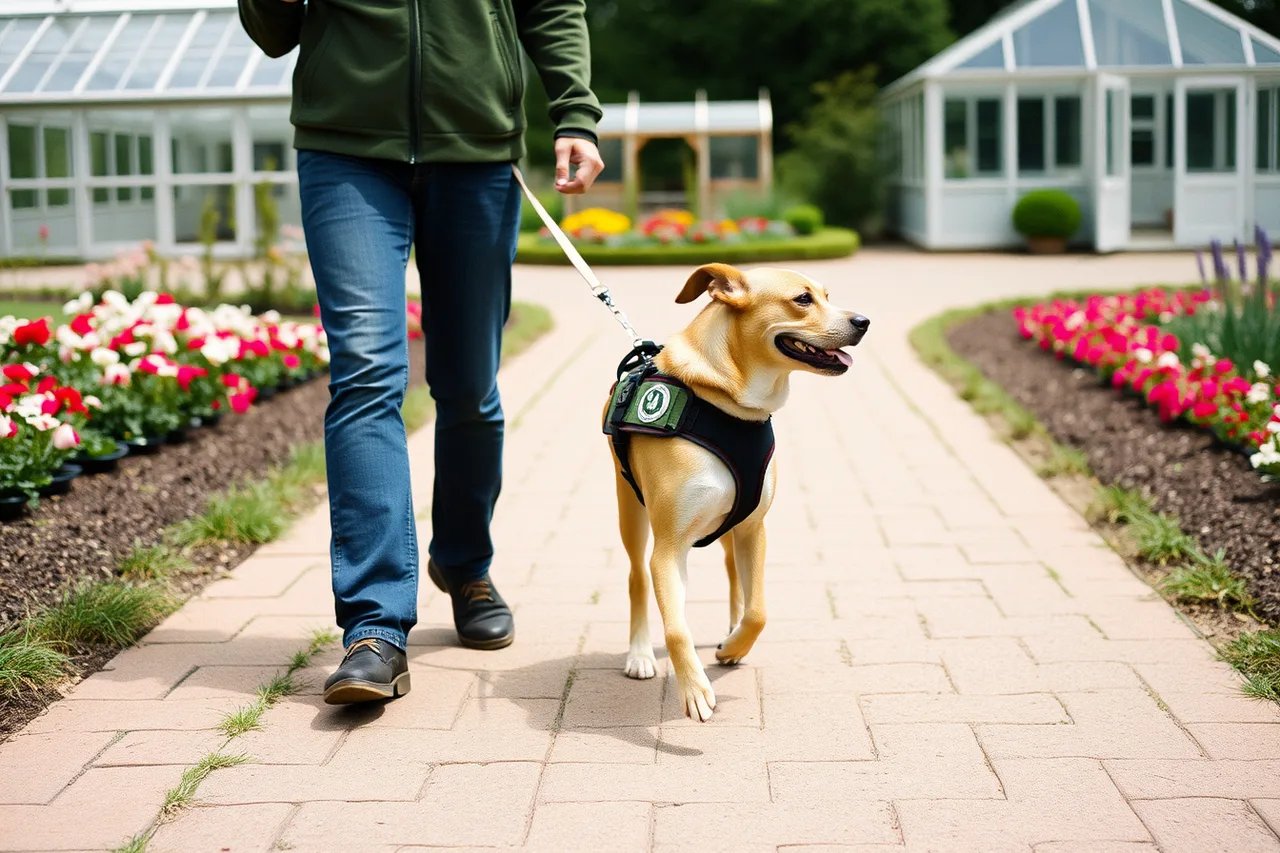 Service dog in harness walking with handler on a paved garden path (How ADA Standards shape access at US public gardens and what to check first)
