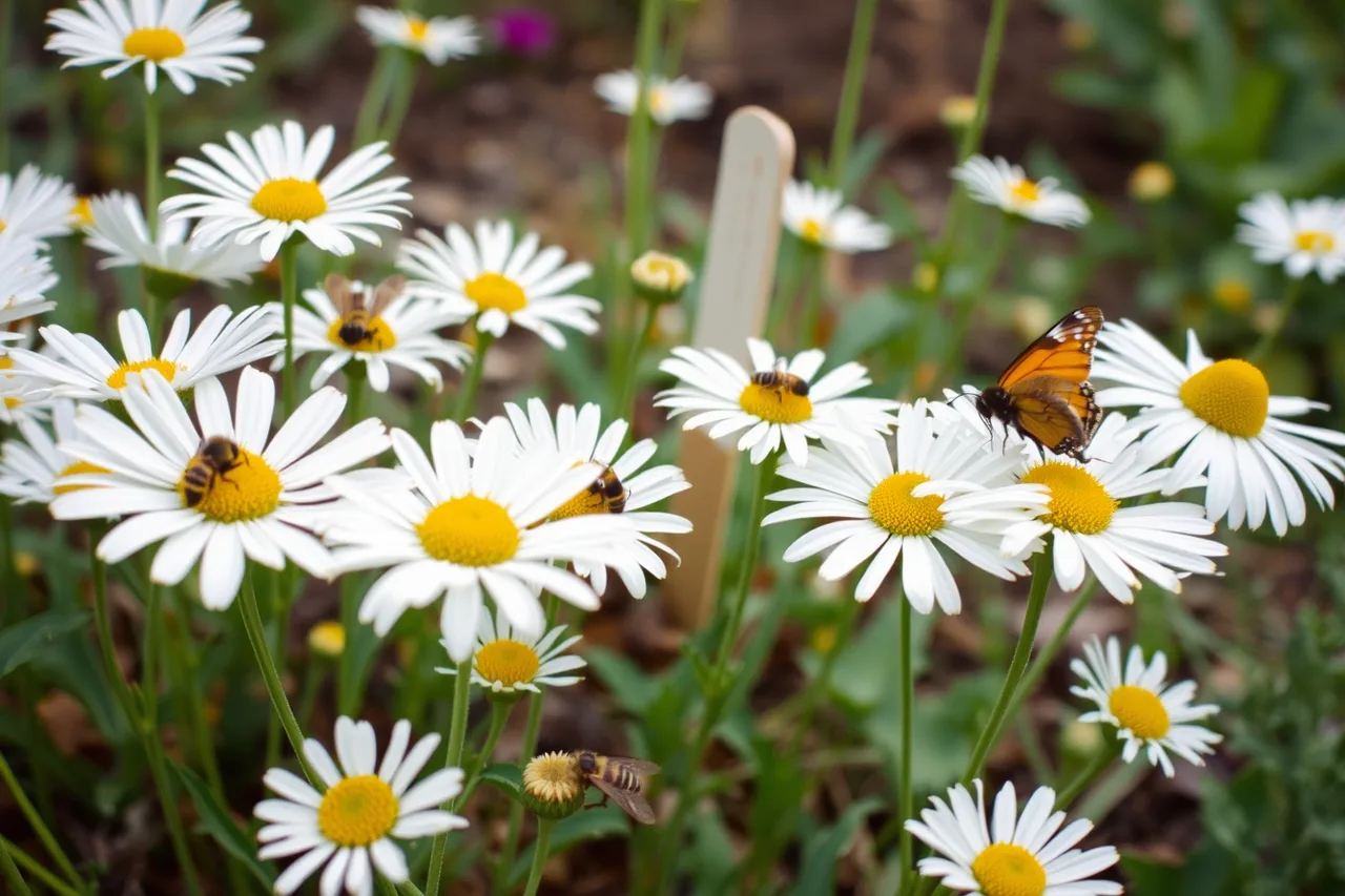 Bees and a butterfly feeding in a pollinator flower bed (Garden itinerary building: the parts worth your attention)