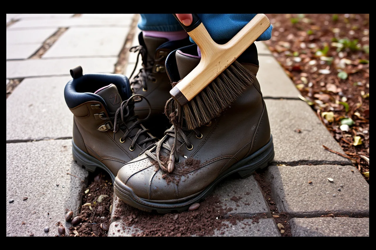 Person scrubbing mud and seeds from hiking boot tread with a brush (The mistakes that spoil a first garden trip, and the simple fixes for each)