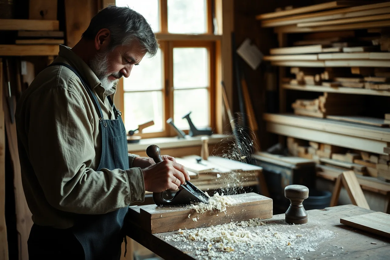 Joiner hand-planing an oak window frame in a workshop (Nurseries and city deals: what keeps a historic garden running)