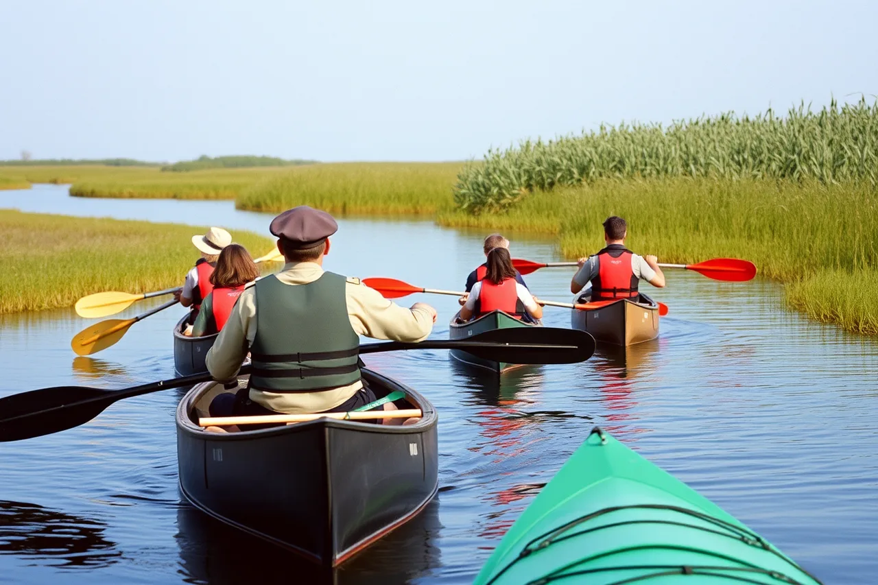 Paddlers in canoes and kayaks follow a docent through a closed refuge waterway (Guided tour or your own itinerary: how to choose, explained properly)