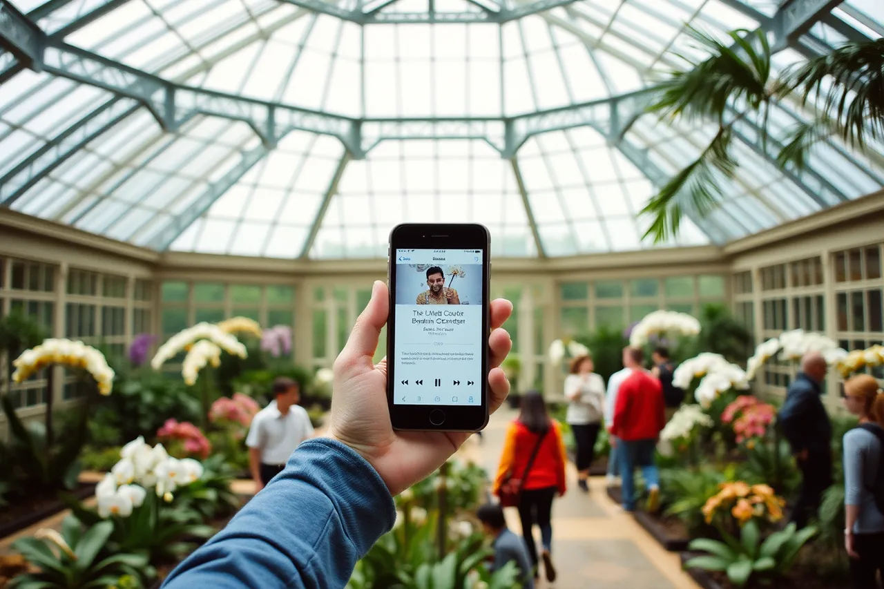 Visitor holding a smartphone playing the USBG audio tour in the Garden Court (Guided tours of public garden destinations, compared: free audio versus paid)