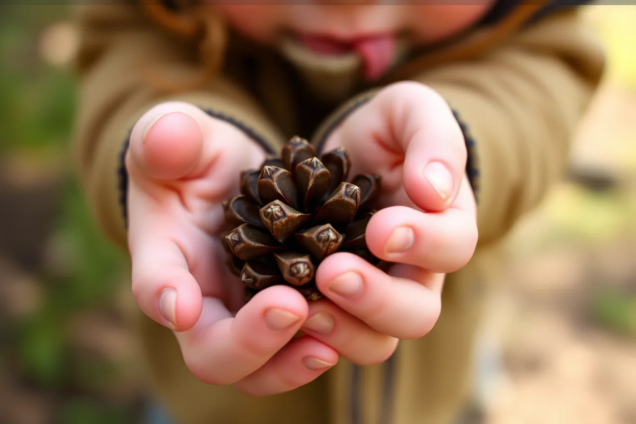 Child's hands holding a Douglas fir cone showing bracts (Packing for a working public garden project, not a show garden)