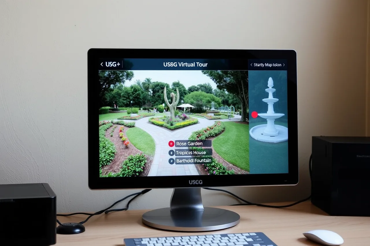 USBG virtual tour screen with 360-degree garden view and map (Free entry, compared with the real cost of reaching a public garden destination)