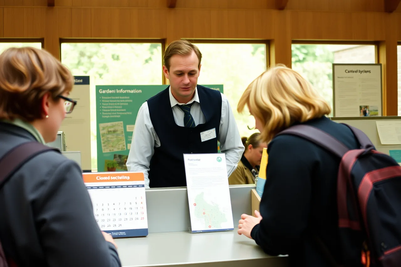 Garden staff answering a visitor's question at an information desk (Which garden ticket questions actually decide who gets a refund?)