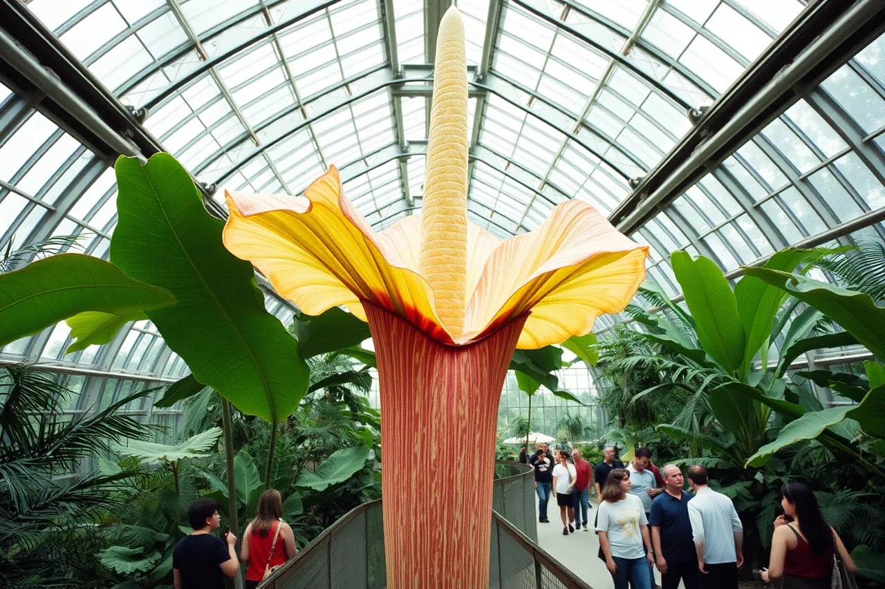 Corpse flower in full bloom inside a conservatory with visitors watching (Garden trips: the free guide nobody downloads, and what else visitors miss)