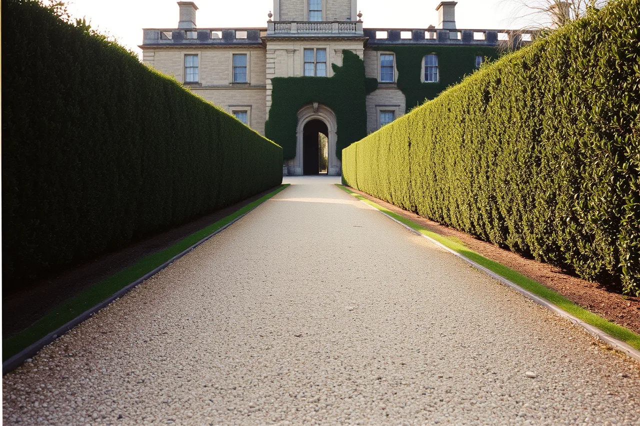 Straight garden path aimed at a stone building between clipped hedges (Do first-time visitors miss the axis at a historic garden and stare at the beds instead?)