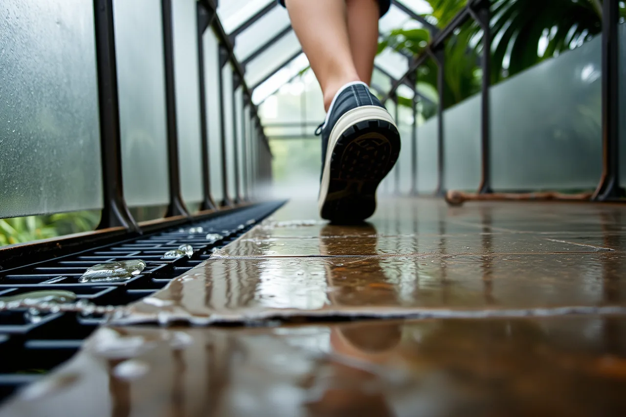 Wet metal grating and stone path inside a misted glasshouse (Packing for a glasshouse-heavy botanical garden trip, condensation included)