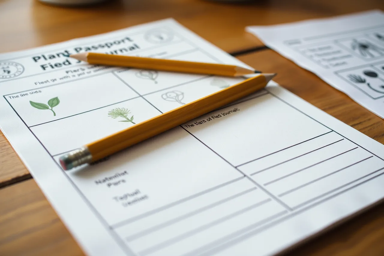 Printed plant passport and field journal activity sheets on a table (Bring your own water, food and guides to cut garden travel costs on site)