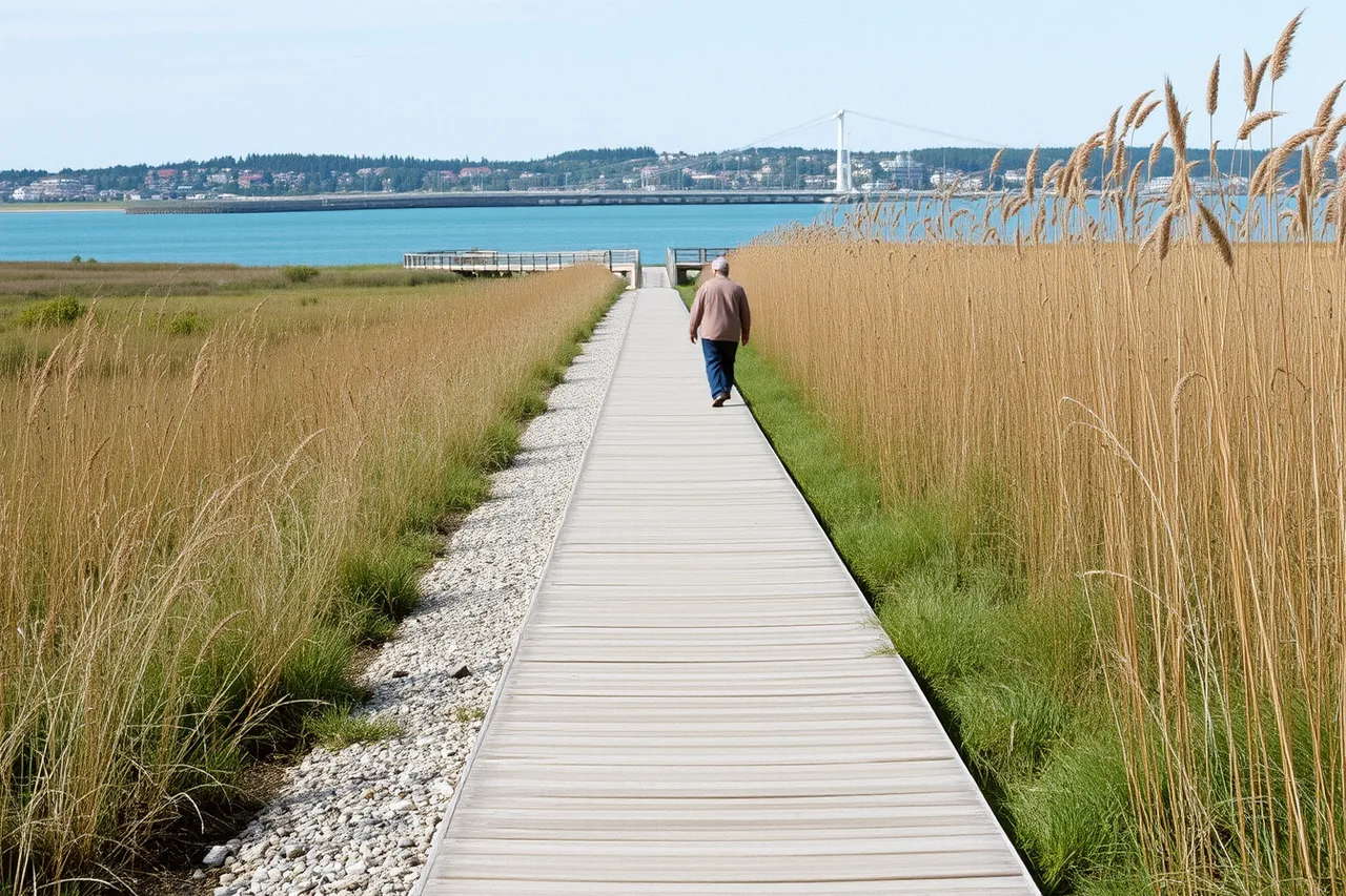 Pedestrian trail along a salt marsh in Wells, Maine (Why the nearest hotel to a garden is rarely the best base for the trip)